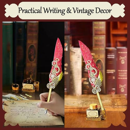 GrnVibe Feather Quill Pen and Ink Set,Antique Calligraphy Set with Leather Journal Notebook,Feather Pen,5 Gold Nibs,Pen Holder,Ink,Calligraphy Kits for Beginners Christmas Gift - color: Red