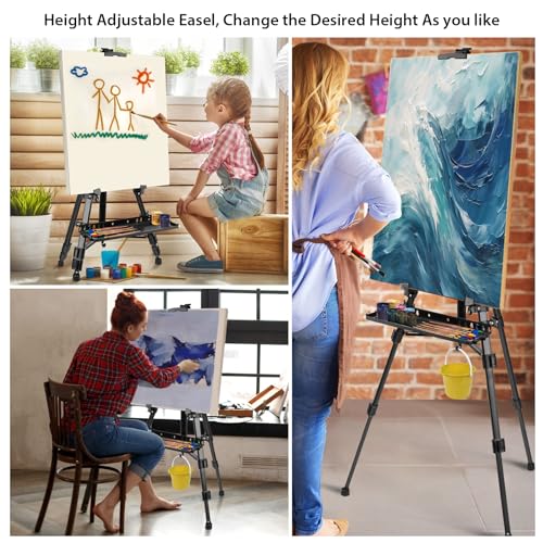 Art Easel Aluminum Alloy Portable Extendable Easel with Hand Crank Adjustable to 61.8 '' Drawing Board Holder, Compass, Level and Storage Bag -for Artists, Painters, Sketching, Outdoor Painting - style: Black