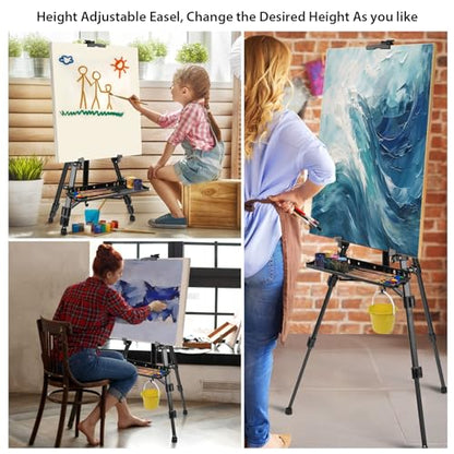 Art Easel Aluminum Alloy Portable Extendable Easel with Hand Crank Adjustable to 61.8 '' Drawing Board Holder, Compass, Level and Storage Bag -for Artists, Painters, Sketching, Outdoor Painting - style: Black