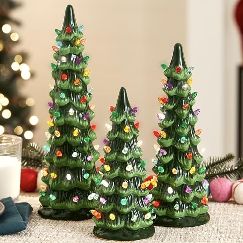 Best Choice Products Set of 3 XL Ceramic Christmas Trees, Pre-Lit Hand-Painted Tabletop Holiday Décor w/Multicolor Bulbs, LED Lights – Green - color: Green W/ Multicolor Lights, size: 3pc Set: 15-18-21 Inch
