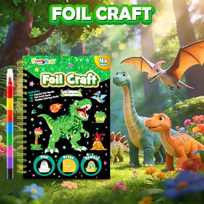 FUNNYB&G Foil Art Craft Kit for Boys 4-10 Years Old: Mess-Free & No-Glue, Create 16 Sparkly Dinosaur World Pictures – Perfect Travel Toy & Birthday Gift for Kids (Dinosaur World) - style: Dinosaur World