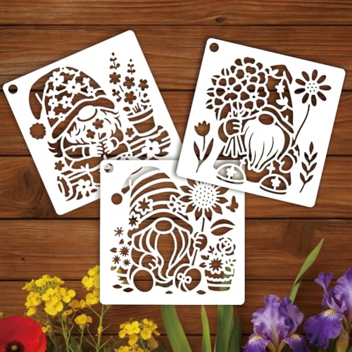 9 Sheets Flower Dwarf Elf Stencils for Painting, 9 Styles Gnomes Sunflower Wall Stencil Template Reusable Garden Gnome Stencils for Painting on Wall Wood Home Decor - style: Flower Elf