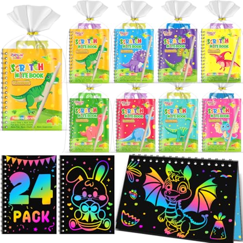 Scratch Art Party Favors for Kids 8-12: 24 Pack Dinosaur Rainbow Scratch Art Notebook, Easter Basket Stuffers, Coloring Books Goodie Bags Stuffers, Classroom Birthday Gifts for Student - style: 24 Pack Dinosaur