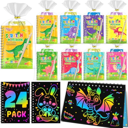 Scratch Art Party Favors for Kids 8-12: 24 Pack Dinosaur Rainbow Scratch Art Notebook, Easter Basket Stuffers, Coloring Books Goodie Bags Stuffers, Classroom Birthday Gifts for Student - style: 24 Pack Dinosaur