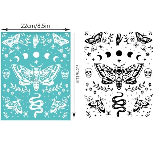 2 Sheets Butterfly Skull Silkscreen Stencil, Insects Moon Moth Snake Painting Stencils Templates Reusable Self-Adhesive Silk Screen Printing for Wall Border Wood Fabric Home Halloween Decor - style: Moth