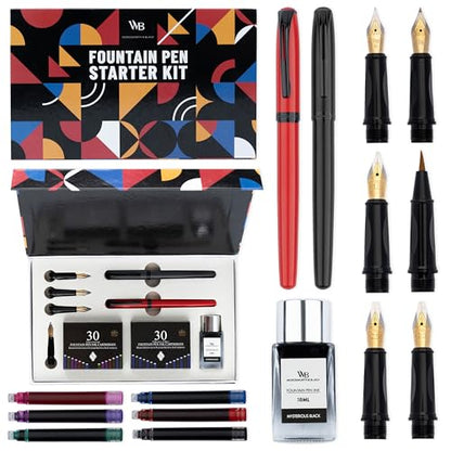 Wordsworth and Black Fountain Pen Set - Black - Includes 2 Pens, 18 ML Ink Bottle, 60 Ink Cartridges, A Refill Converter, 1 Medium and 4 Broad Nibs, Brush Pen - Fountain Pen Kit for Beginners - color: Red and Black
