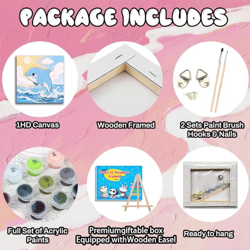 WEMEON Dolphin Paint by Numbers Kit for Kids with Frame and Easel, Easy Paint by Numbers Kits for Kids Ages 4-6, Small Painting by Number for Birthday Gift, Painting Party(10X10inch) - color: DMBK-0010-US(10X10inch)
