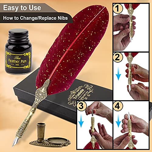 Quill Pen and Ink Set with Wax Seal Stamp - Red Feather Calligraphy Set for Beginners, Antique Dip Pen with 18 Nibs & Stand, Gift Boxed - color: RedFeather