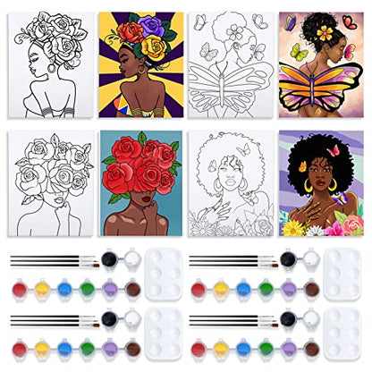 VOCHIC Sip and Paint Kits Pre Drawn Canvas Couples Painting Party Kit with Outline Canvas for Adults Date Night Games for Couple Flower Butterfly Girl Paint Art Set, 4 Pack (8 x 10In) - size: 8x10, style: style 3