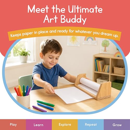 Wooden Kids Paper Roll Dispenser with 12" x 75 ft Art Paper Roll – Tabletop Easel for Drawing, Painting & Crafts – Smooth Easy-Pull Holder for Creative Play – 7 Days of Play - color: Paper Roll Dispenser
