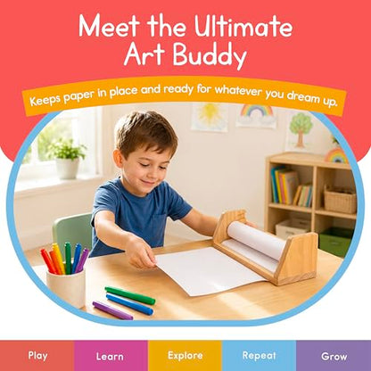 Wooden Kids Paper Roll Dispenser with 12" x 75 ft Art Paper Roll – Tabletop Easel for Drawing, Painting & Crafts – Smooth Easy-Pull Holder for Creative Play – 7 Days of Play - color: Paper Roll Dispenser