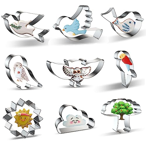 Stainless Steel Bird Cookie Cutters - 9-Piece Set: Dove, Pigeon, Owl, Sparrow, Parrot, Little Bird, Flying Woodland Animals and Sky Sun Cloud Tree Shapes - Biscuit and Fondant Molds