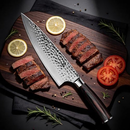imarku 8 Inch Chef Knife, Hand-Hammered Japanese Kitchen Knife, High Carbon Steel Chef's Knife with Powder Steel Edge, Ultra Sharp Cooking Knife with Ergonomic Handle for Professional & Home Chefs - color: Silver