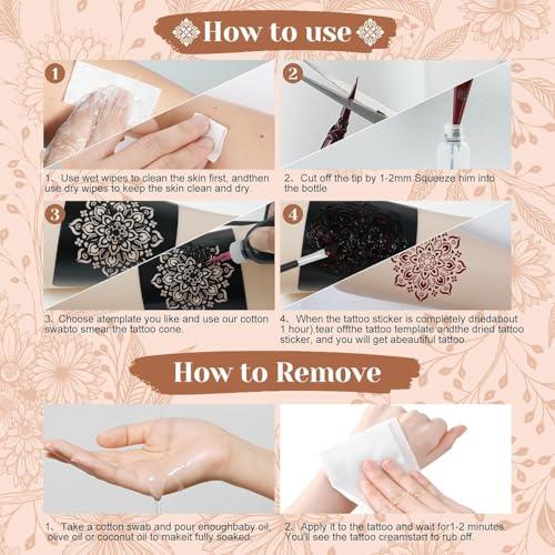 Temporary Body Art Tattoo Kit with 9 Colors Cones,18 Reusable Stencils, 255 Pcs Designed Tattoos Pattern,Mixing Bottles, Brush & Gloves, DIY Skin Art Set for Festivals, Parties & Creative Makeup - color: E-9Pcs