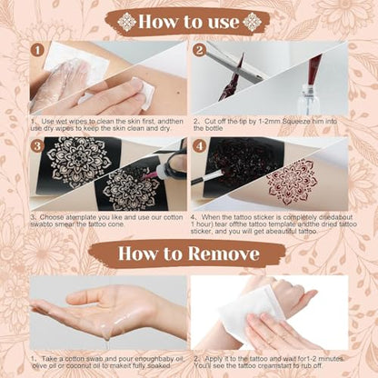 Temporary Body Art Tattoo Kit with 9 Colors Cones,18 Reusable Stencils, 255 Pcs Designed Tattoos Pattern,Mixing Bottles, Brush & Gloves, DIY Skin Art Set for Festivals, Parties & Creative Makeup - color: E-9Pcs