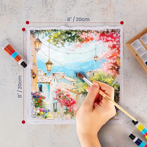 Wanderings Thick Handmade Watercolor Paper with Deckle Edge - 8" x 8" - 300GSM - Premium White Hot Press Smooth Mixed Media Paper Made with Recycled Cotton - 25 Loose Leaf Sheets - color: White, size: 8x8" (20x20cm)