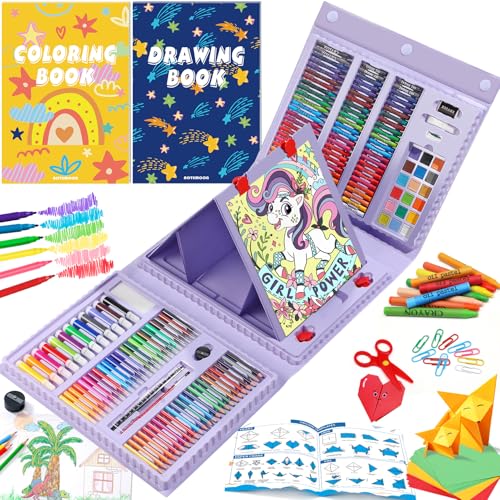 All in One Art Supplies, Art Kit Includes Origami & Paper-Cutting Crafts, Easel, Colored Pencils, Crayons, Drawing Book, Coloring Book, Watercolor Markers and More, Art Set for Kids Girls Boys, Purple - color: Purple