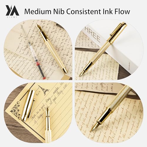 Fancy Fountain Pen Set – Fine & Medium Nibs, Includes 18 Ink Cartridges, Ink Converter, Syringe Filler, Luxury Gift for Writing, Journaling & Calligraphy，Silvery (Gold) - color: Gold
