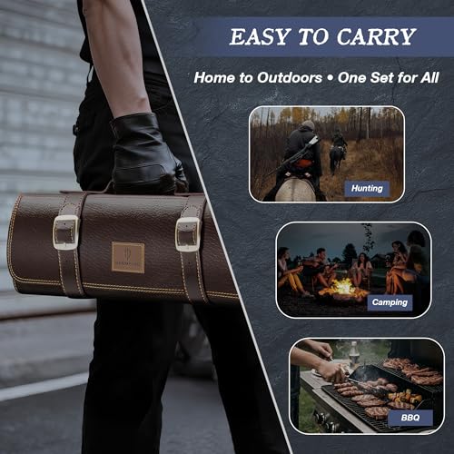 8 PCS Butcher Knife Set, Japanese Kitchen Knife Set, Hand Forged Chef Knife Set with Leather Roll Bag, Sharp Meat Cleaver Knife for Kitchen & Hunting & Camping & BBQ, Best Gift for Men