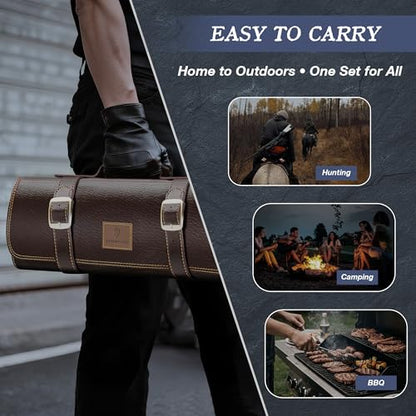 8 PCS Butcher Knife Set, Japanese Kitchen Knife Set, Hand Forged Chef Knife Set with Leather Roll Bag, Sharp Meat Cleaver Knife for Kitchen & Hunting & Camping & BBQ, Best Gift for Men