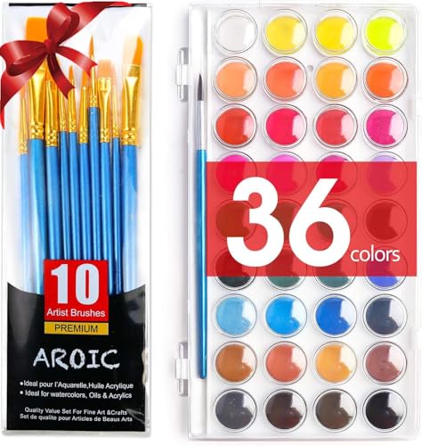 AROIC Watercolor Paint Set, 36-Color Watercolor Paint with 10 Brushes, Non-Toxic Washable Watercolors for Adults, Art Supplies for Painting, Drawing, DIY Crafts, School, Classroom, Artist Use for Age 12+ - color: 36 watercolor+10 brush