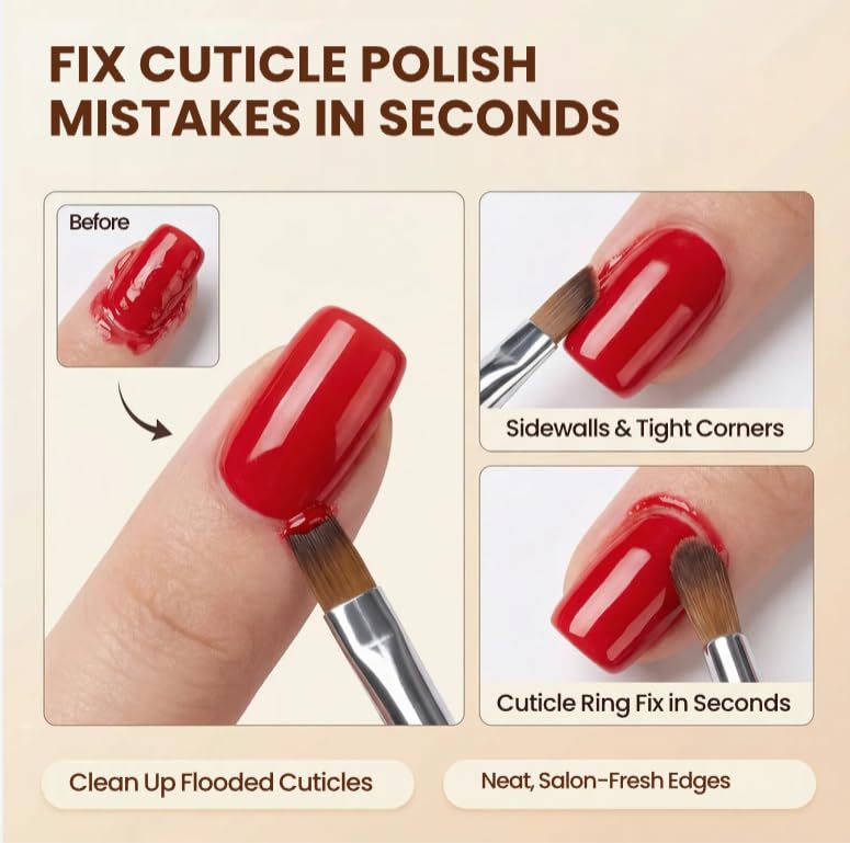 3PCS Nail Art Clean Up Brushes, Round/Angled/flat Acetone Resistant Gel Nail Polish Remover Brush, Nail Brushes for Tidying Up Polish Mishaps on Cuticles, and Nail Art Designs（Wood color） - color: Wood Color 3PCS
