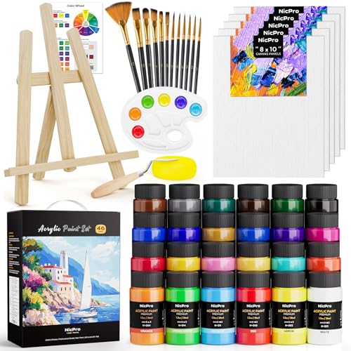 Nicpro Acrylic Paint Canvas Set for Adults, 46PCS Art Painting Supplies Kit with 24 Acrylic Paints(36ML), Table Wood Easel, 5 Canvas Panels, 12 Brushes, Paper Pad, Palette for Artist Beginner Students - color: 24 colors