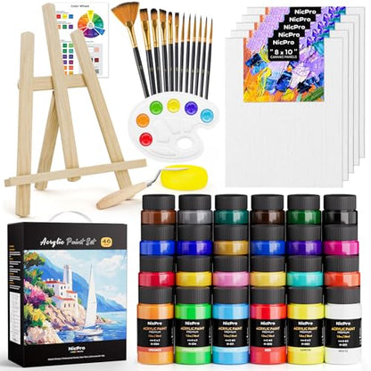 Nicpro Acrylic Paint Canvas Set for Adults, 46PCS Art Painting Supplies Kit with 24 Acrylic Paints(36ML), Table Wood Easel, 5 Canvas Panels, 12 Brushes, Paper Pad, Palette for Artist Beginner Students - color: 24 colors