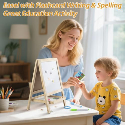 Tabletop Painting Wooden Art Easel for Kids - 4-in-1 Double-Sided Drawing Board for Toddlers 2-4, Chalkboard & Dry Whiteboard with Markers, Eraser, Magnetic Letters/Numbers & Flashcards