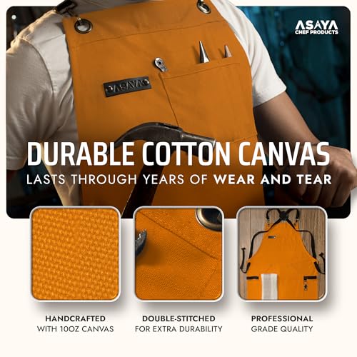Asaya Chef and BBQ Apron with Bottle Opener and Hand Towel - 10oz Cotton Canvas, Stainless Steel Hardware - Cross Back Straps - color: Orange