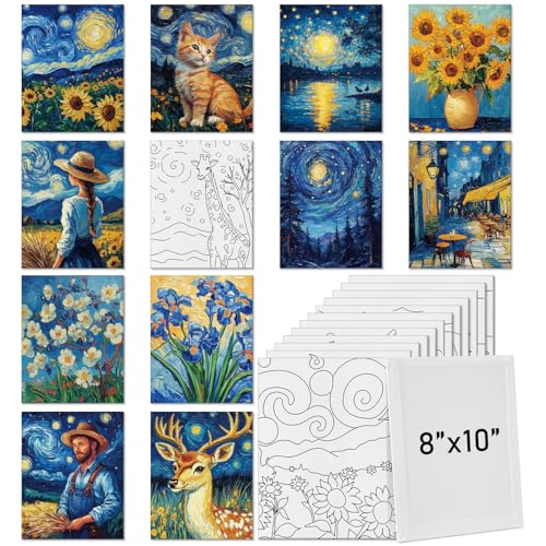 Tinlade 12 Pcs 7.9 x 9.8 Inch Pre Drawn Canvases for Painting Pre Stretched Canvas DIY Coloring Outline Painting Boards for Beginners Adults (Starry Style) - size: Starry Style