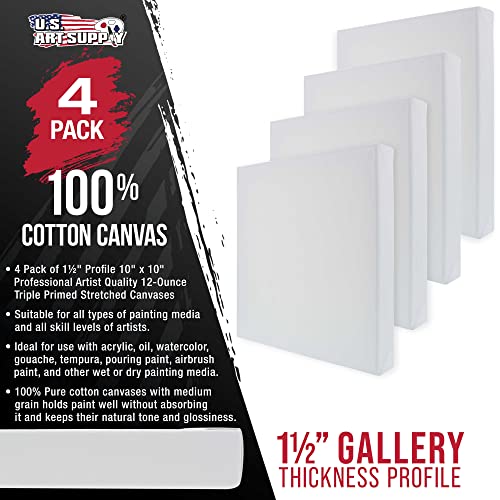 U.S. Art Supply Square Stretched Canvas for Painting 10x10 inch Gallery Depth 1-1/2" Thick, 4-Pack - 12oz Acrylic Gesso Triple Primed, Professional Artist Quality, 100% Cotton - Pouring, Oil Paint - size: 10" x 10"
