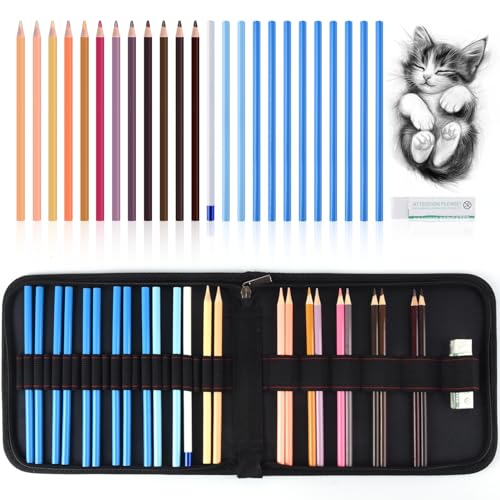 Mifuner Professional Drawing Set, 12 Colored Pencils & 12 Graphite Pencils with Eraser & Case, Art Supplies for Sketching Shading Blending, Gifts for Artists Adults Beginners.Skin Black - color: Set-Skin