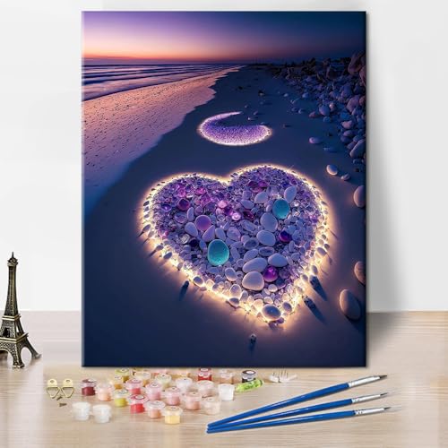 TUMOVO Paint by Numbers Kit for Adults Heart Made of Colorful Stones Love DIY Paint by Numbers for Adults Beach at Sunset Oil Painting with Brushes Adult Paint by Number Kits Art Crafts 16x20 in - color: Artwork-07