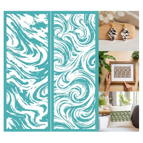 2 Sheets Wave Swirl Silk Screen Stencil, Flowing Water Nautical Self-Adhesive Silk Screen Printing Stencils Reusable Mesh Stencil for Painting on Wall, Wood, T-Shirt, Home Craft Decor - style: Marble Pattern