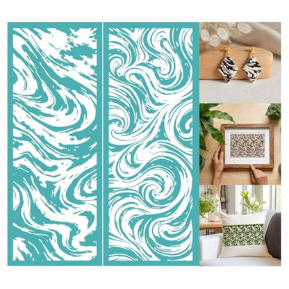 2 Sheets Wave Swirl Silk Screen Stencil, Flowing Water Nautical Self-Adhesive Silk Screen Printing Stencils Reusable Mesh Stencil for Painting on Wall, Wood, T-Shirt, Home Craft Decor - style: Marble Pattern