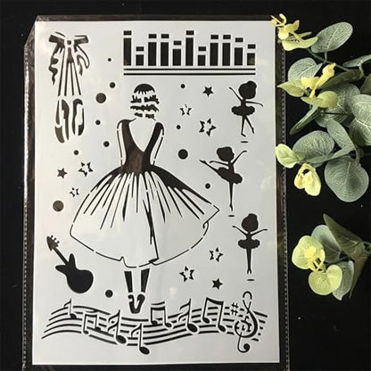 TIAMECH A4 Reusable Dress Girl Stencil for Painting | Music Note Dance Layering Template, DIY Wall Art, Wood Furniture, Scrapbook & Crafts (8.3x11.7inch) - style: Ballet Dress Girl