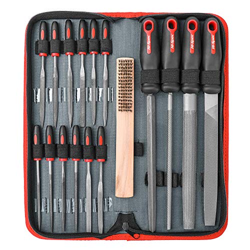 Hi-Spec 17 Piece Metal Hand & Needle File Tool Kit Set. Large & Small Mini T12 Carbon Steel Flat, Half-Round, Round & Triangle Files. Complete in a Zipper Case with a Brush - size: 17 pieces