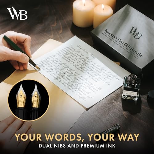 Wordsworth & Black Fountain Pen Set,18K Gilded Medium and Extra Fine Nib,25ML Black Ink Bottle,6 Ink Cartridges,Refill Converter,Gift Box,Smooth Writing Pens [Green Chrome],Gift Set for Men and Women - color: Green Chrome
