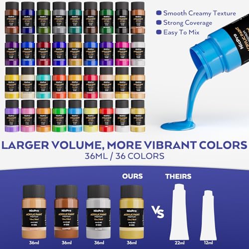 Nicpro Acrylic Paint Canvas Set for Adults, 80PCS Art Painting Supplies Kit with 36 Paints(36ML), Table Wood Easel,10 Canvas Panels,12 Paint Brushes,Paper Pad, Cup, Palette for Beginner Artist Adults - color: 36 colors