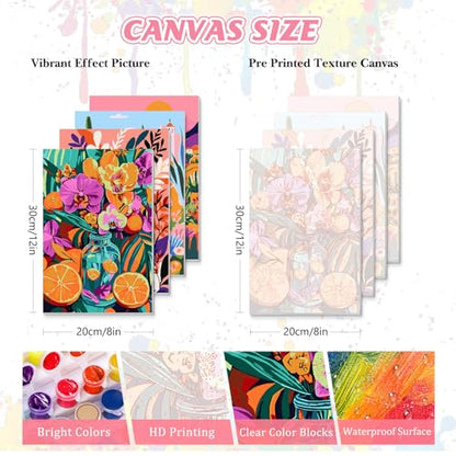 KEYIFA 4 Pack Paint by Numbers Kit, Stretched Canvas Boards for Painting for Adults, Crease-Free Acrylic Oil Painting for Students Favor Sip & Paint Party Supplies, Floral Art Landscape (8x12in)
