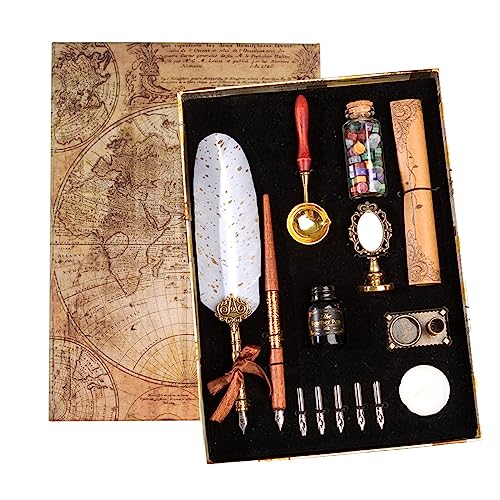 Joyeee Feather Pen and Ink Set, Writing Quill Pen with Ink, Brass Wax Seal Stamp, Metal Dip Pen Holder, Letter Paper, Wax Seal Beads, Tealight, Retro Gift Box, Unique Birthday Gifts for Mum Dad - color: #101 White quill pen set