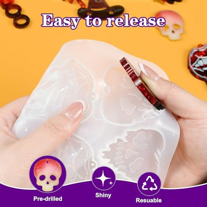 Resin Earring Mold with Hole, 3Pack Halloween Earring Casting Molds | Skull Bat Witch Bat Pumpkin Spooky Ghost Hand Shaped Earring Silicone Mold for Resin Casting Pendant Keychain Jewelry Gift - color: 3 PCS Halloween Resin Molds with Holes