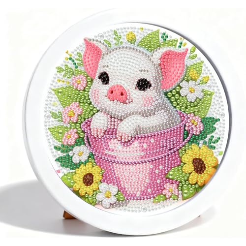 Pig Diamond Art Kits for Kids with Round Frame, Cute Animal Diamond Art for Kids Ages 4-8-12, Easy Small Kid Gem Painting Kit for Gift Home Wall Decoration (8x8inch) - color: CC1125-US