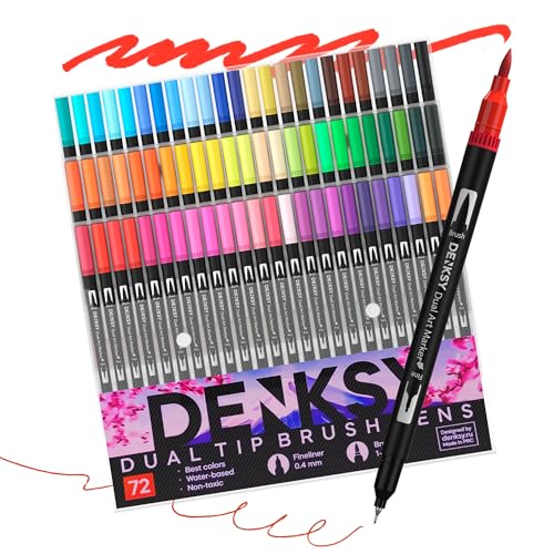 72 Watercolor Markers Set | Water Color Pens with Brush & Fineliner, Water-Based Art Markers | Dual Tip Markers for Adult Coloring, Lettering, Calligraphy, Sketching, Journaling & Illustration - color: Black