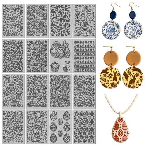 CHGCRAFT 16 Sheets Easter Element Clay Texture Mat Easter Bunny Polymer Clay Texture Sheets DIY Tools for Pottery Earring Jewelry Making Stamp Engraving Machines, 3.9x2.6inch