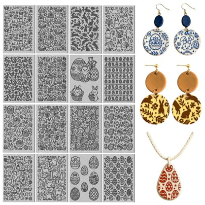 CHGCRAFT 16 Sheets Easter Element Clay Texture Mat Easter Bunny Polymer Clay Texture Sheets DIY Tools for Pottery Earring Jewelry Making Stamp Engraving Machines, 3.9x2.6inch