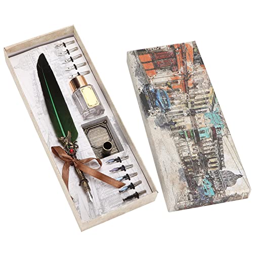 Vintage Pen Set, Retro Writing Suit with Stainless Steel Nibs and Glass Ink Bottle, Complete Calligraphy Gift Box for Lovers Teachers Classmates (Dark Green) - color: Dark Green