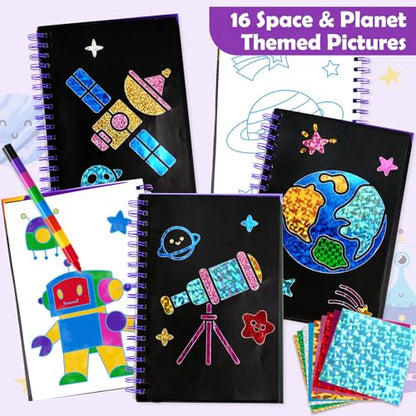 FUNNYB&G Foil Art Craft Kit for Boys 4-10 Years Old: Mess-Free & No-Glue, Create 16 Sparkly Space Pictures – Perfect Travel Toy & Birthday Gift for Kids (Space) - style: Space