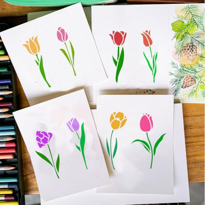 FINGERINSPIRE 4 PCS Single Tulip Stencils for Painting 5.9x5.9inch Tulip Flowers Templates Decorative Tulip Stencils Plastic PET Flowers Drawing Templates Plant Theme Stencils for Furniture Decor